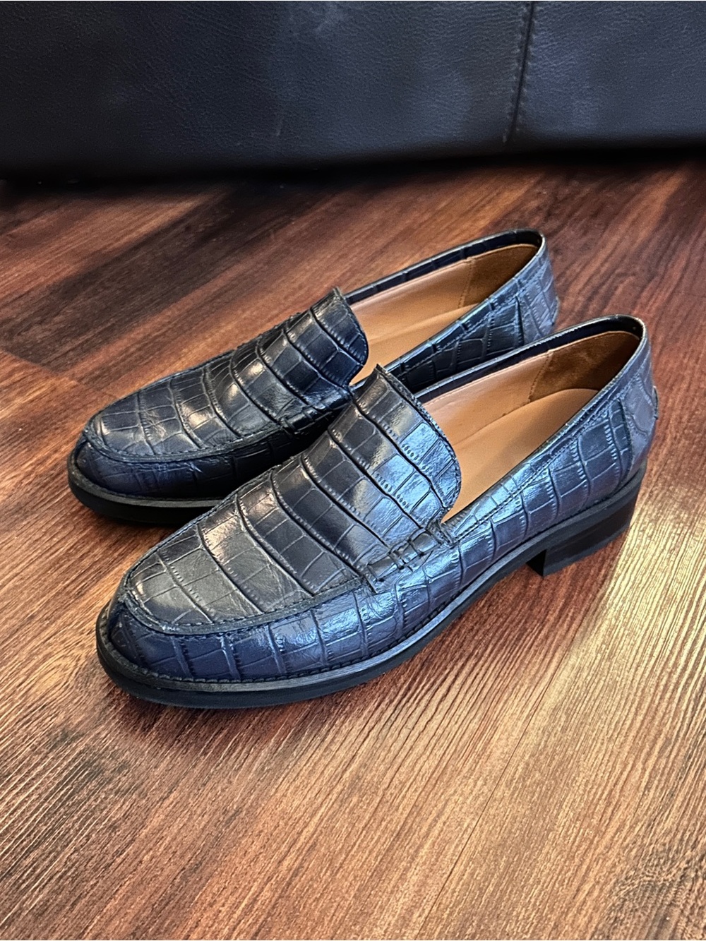 Rachel Comey Navy Croc-Embossed Leather Bancks Loafer